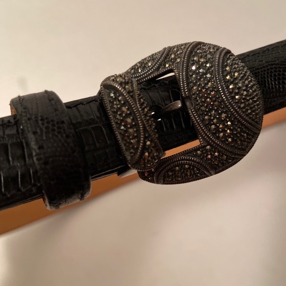 925 JUDITH JACK Black Lizard Genuine Leather Belt Sterling...
